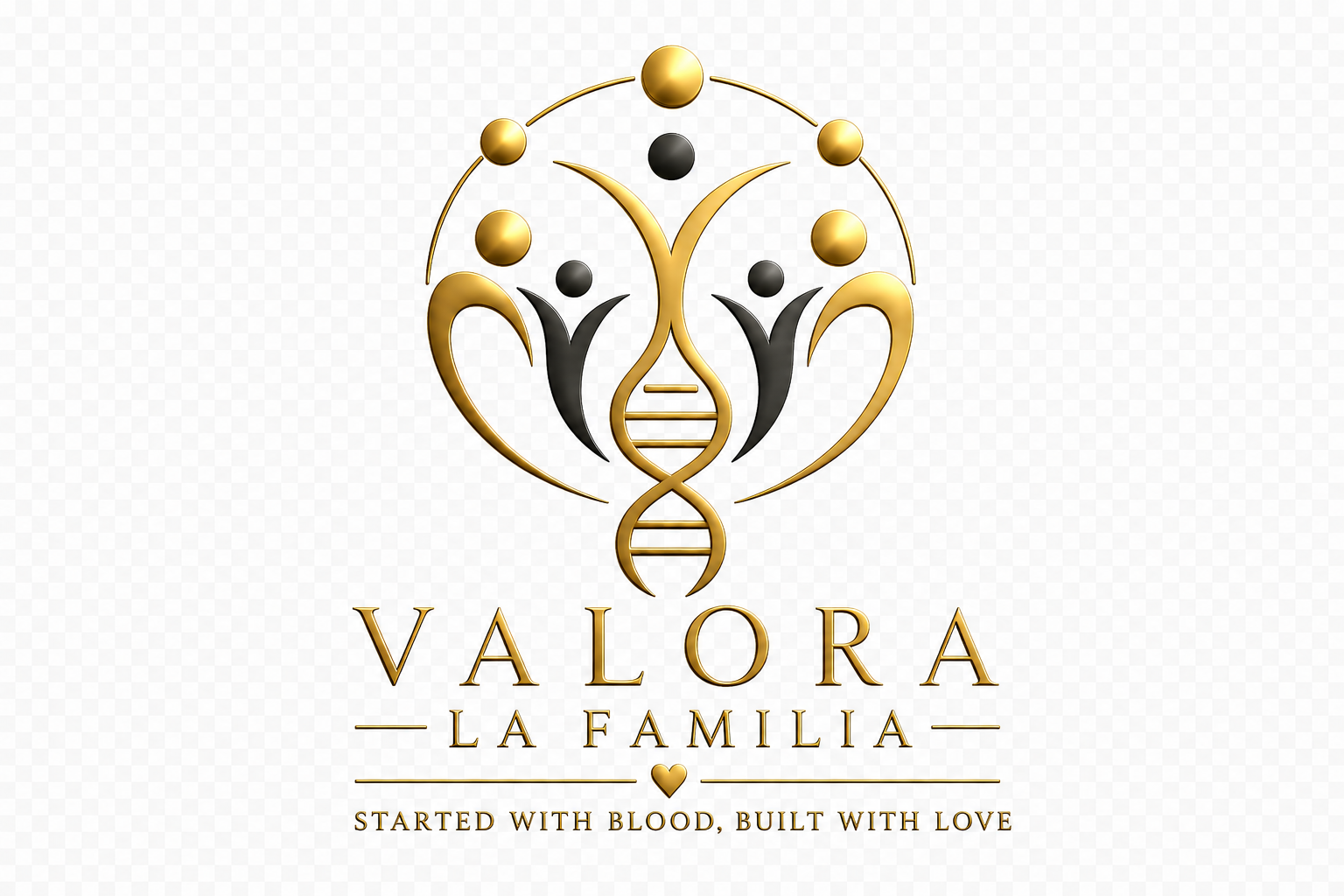 Valora La Familia logo: a DNA helix rising into human figures within a golden circle