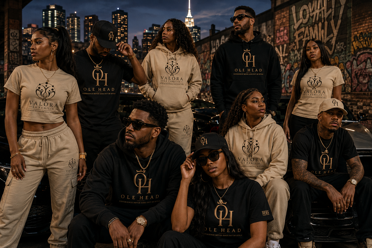 A multi-generational group in premium lifestyle apparel at golden hour