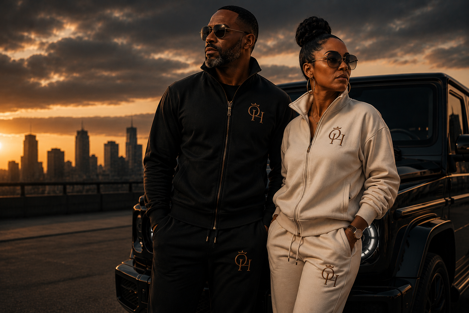 A mature couple in luxury streetwear at golden hour