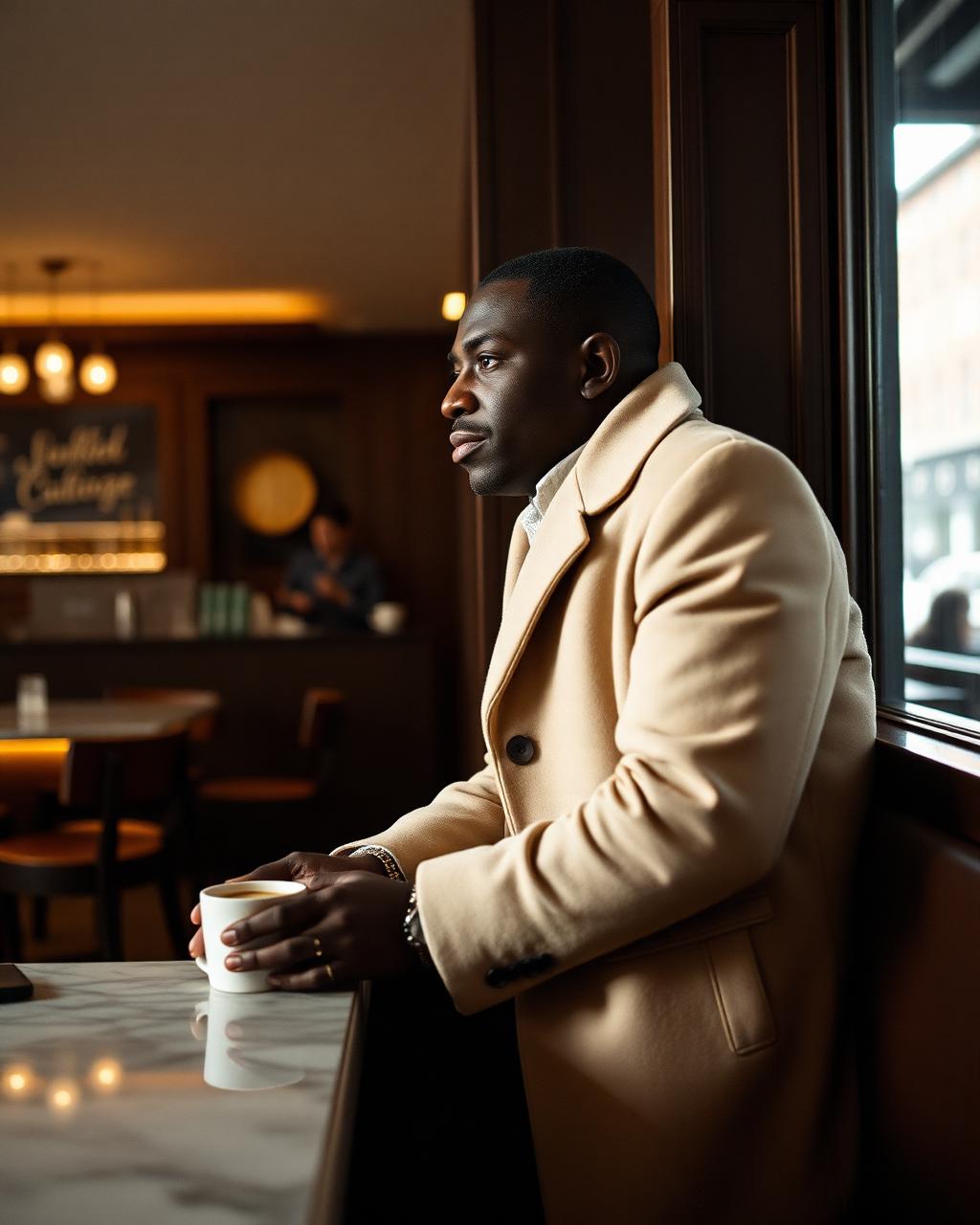 Mature man in cream cashmere overcoat at an upscale espresso bar