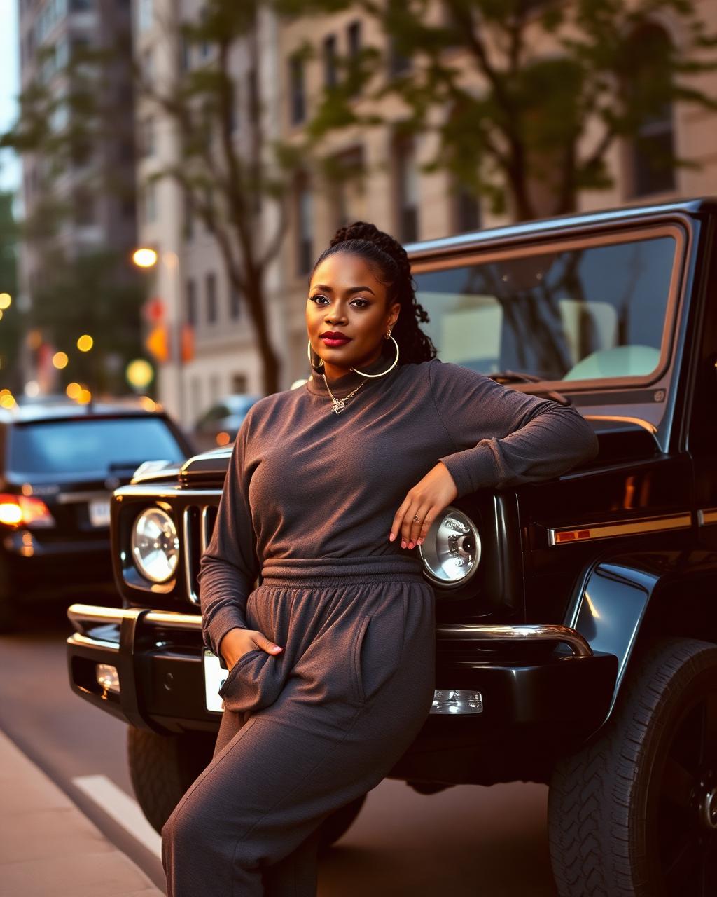 Mature woman in charcoal luxury jogging set leaning on a black SUV