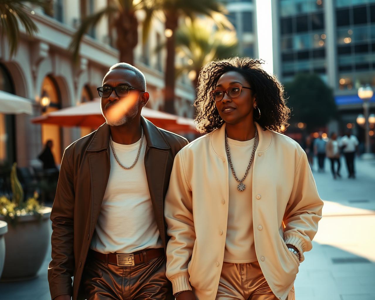 Stylish mature couple walking through a sunlit upscale city plaza